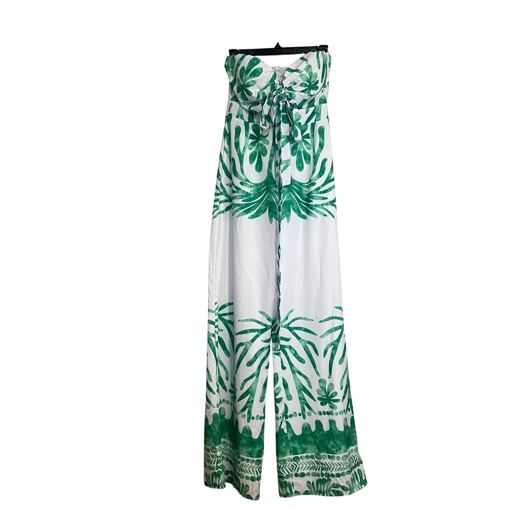 Fashion Nova Tropical Palm Leaf Strapless Tie Front Wide Leg Jumpsuit‎